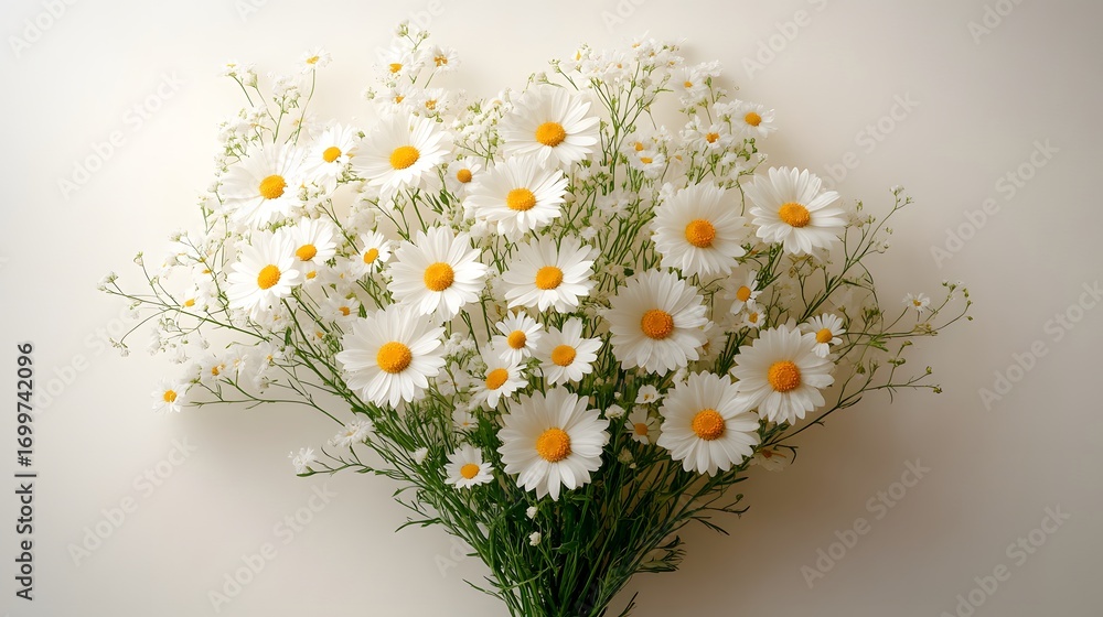 Fototapeta premium Beautiful bouquet of daisies arranged with delicate fillers on a neutral background