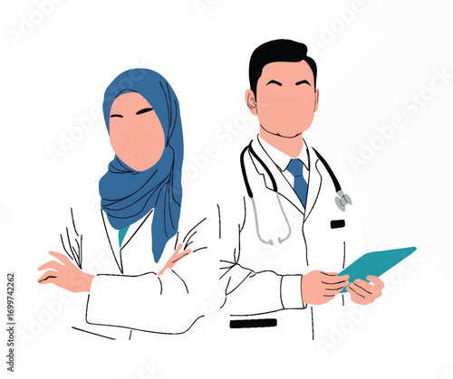 A Muslim woman and male doctor, both in white coats, portray healthcare professionals.