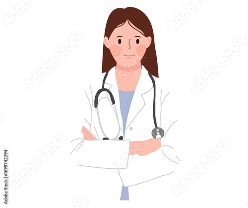 Illustration of a female doctor with a stethoscope, standing with her arms crossed, wearing a white coat.