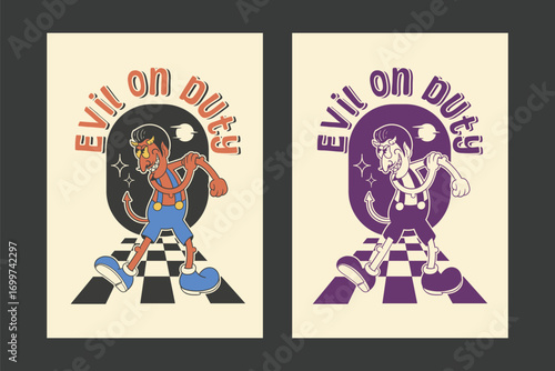 Retro Devil Cartoon Evil on Duty Poster