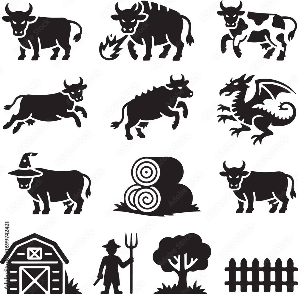 Naklejka premium Whimsical farm and cow icons with dragon and witch Keywords: cow silhouette, bull silhouette, farm