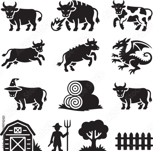 Whimsical farm and cow icons with dragon and witch Keywords: cow silhouette, bull silhouette, farm