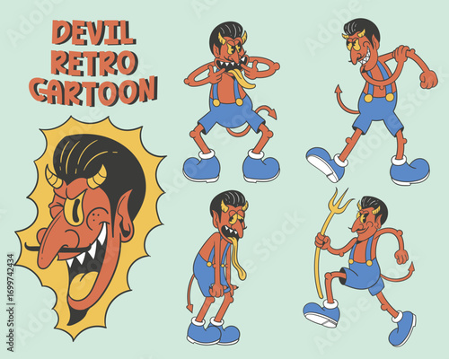 Retro Devil Cartoon Character Set