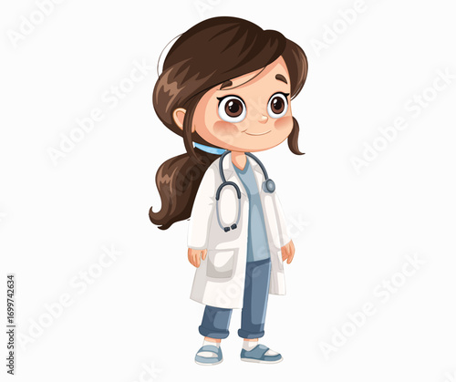 Smiling cartoon girl doctor in a white coat, looking forward.
