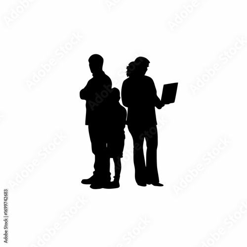 Family video calling relatives on laptop silhouette isolated on white background