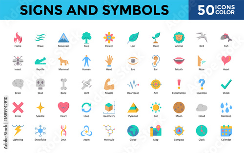 Signs and Symbols icons set with flame, wave, mountain, tree, flower, leaf, plant, animal, bird, fish icon. Simple color vector illustration 
