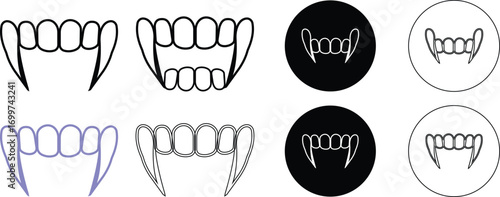 Vampire fangs icon set vector illustration created with bold sharp lines and dramatic gothic style, symbolizing legendary myth of vampires, horror stories, and dark fantasy culture. gothic branding,