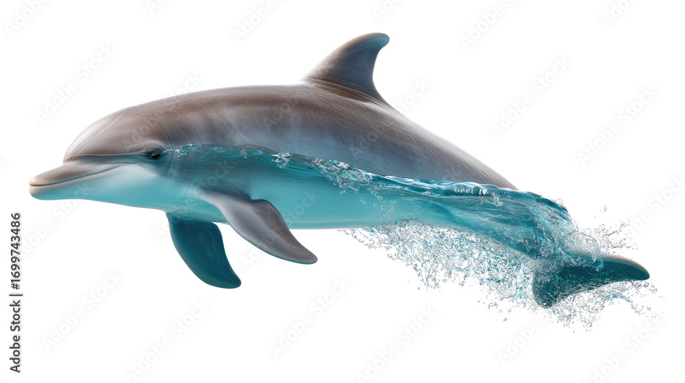 Fototapeta premium Graceful Dolphin in the Waves: A majestic dolphin gracefully emerges from the ocean waves, showcasing its sleek physique. A symbol of the deep blue ocean, showcasing joy and wonder.
