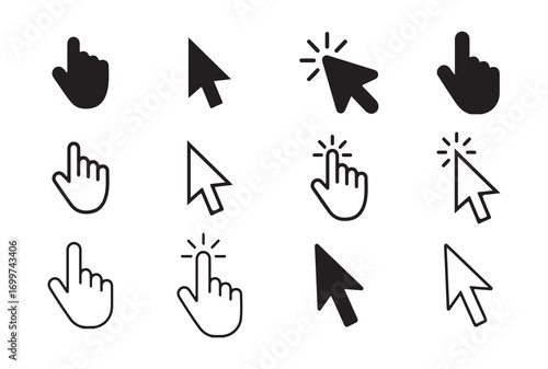 Finger press and cursor arrow icons, outline vector design
