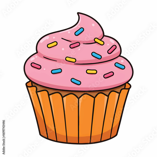 A delightful pink cupcake, topped with swirls of frosting and colorful sprinkles.