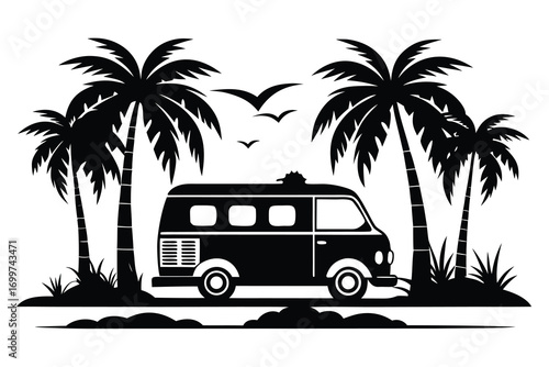 Black Campervan Between Palms Silhouette with Birds on White Background