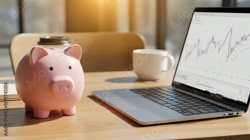 Pastel Pink Piggy Bank on Wooden Table with Laptop