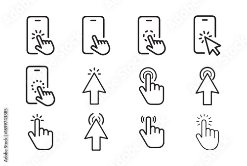 UI/UX interaction icons, click, tap, and pointer design set