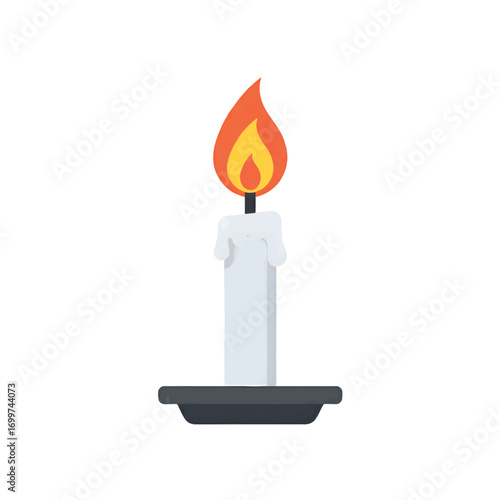 Illustration of a lit white candle with a bright orange and yellow flame, set on a dark gray candle holder.