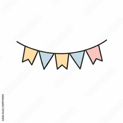 Pastel-colored bunting flags hanging on a string, simple and decorative.