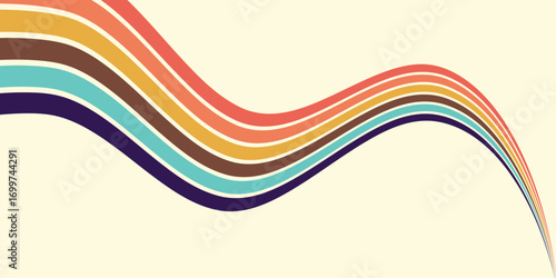 Abstract colorful 70s background vector. Vintage retro wallpaper with rainbow stripes and wavy lines. A 1970 color illustration suitable for posters, banners, decorative items and wall art.