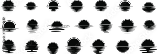 Sunset reflections, sunrise over water, abstract sun icons, ripple effect, black and white design, nature symmetry, stylized suinimal waves, circular sun shapes, water reflection art, vector sun set,