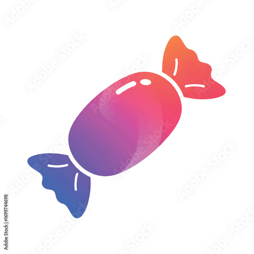 Colorful candy illustration with gradient hues of purple, pink, and orange, wrapped in a decorative wrapper.