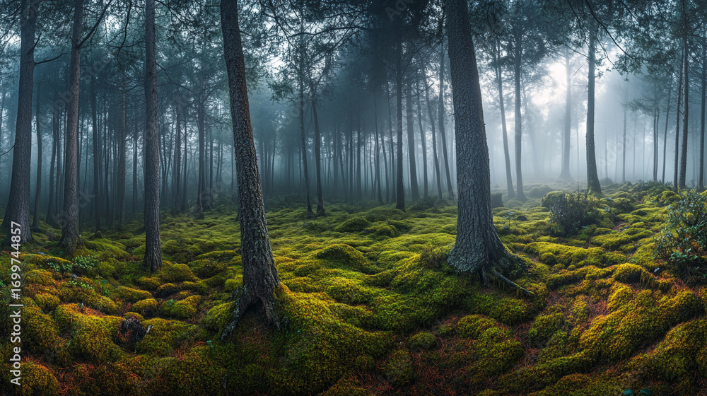 Obraz premium Misty forest scene with moss covered ground and tall trees