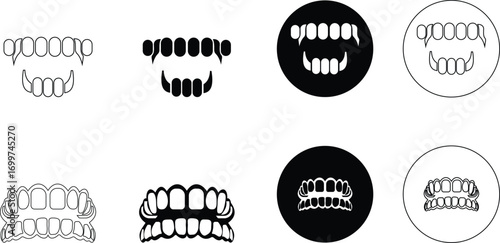 Vampire fangs icon set vector illustration created with bold sharp lines and dramatic gothic style, symbolizing legendary myth of vampires, horror stories, and dark fantasy culture. gothic branding,