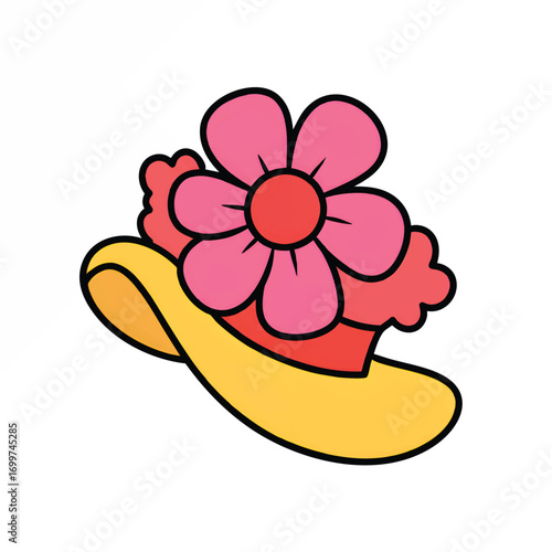 Cartoon illustration of a yellow hat adorned with a pink flower and red accents, isolated on a white background.