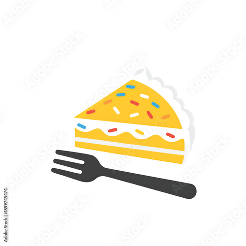 A slice of delicious birthday cake with colorful sprinkles, ready to be enjoyed with a fork.