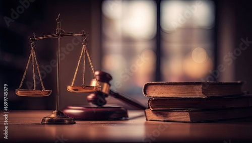 Golden scales of justice, gavel, and aged books on a table