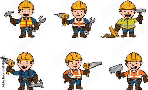 Cartoon construction worker, builder character, handyman with tools, repair service, worker illustration, construction repair, cartoon handyman, safety helmet, repair job