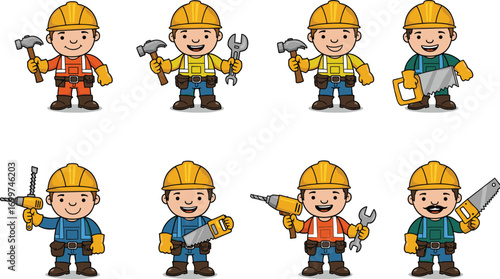 Cartoon construction worker, builder character, handyman with tools, repair service, worker in helmet, builder illustration, cartoon handyman, construction repair job