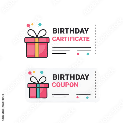 Two birthday gift vouchers, one certificate and one coupon, displayed on a white background.
