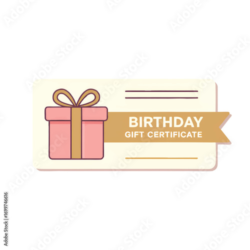 A pastel-colored birthday gift certificate with a pink gift box and gold ribbon.