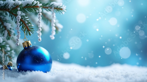 Blue Christmas Ornament Hanging on a Snowy Pine Branch with Bokeh Lights bauble decoration
