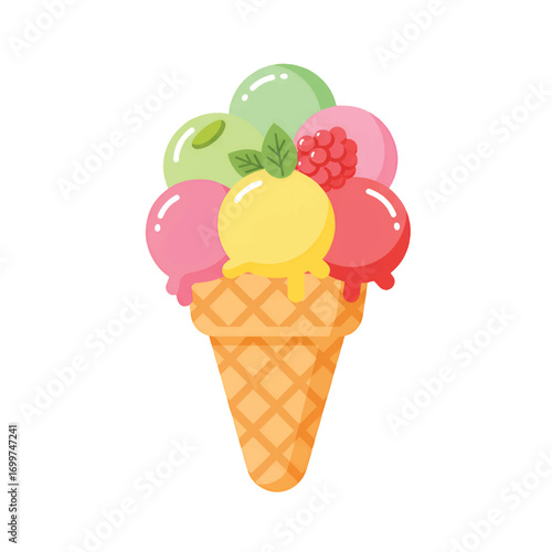 A colorful ice cream cone overflowing with scoops of various fruit-flavored ice cream.