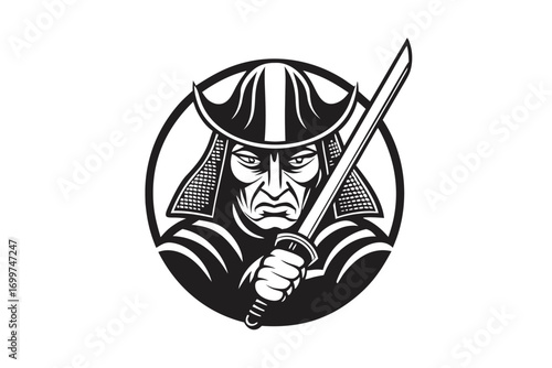 Black silhouette of serious samurai warrior cartoon style holding swords