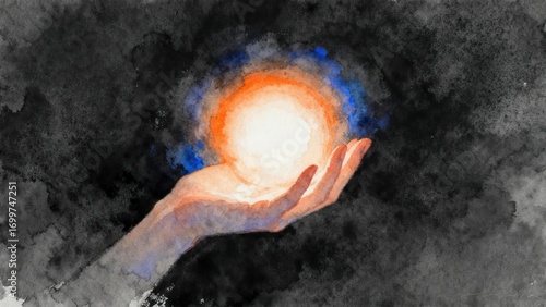 A watercolor - style illustration depicts a hand holding a glowing sphere with orange and blue tones against a dark, textured background.