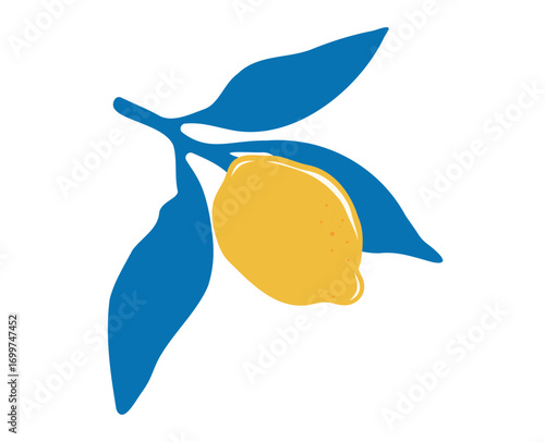 Whimsical hand drawn italian lemon branch. Italy citrus in blue, yellow color. Doodle sicily fruits with leaves for poster, menu, wedding. Amalfi Isolated vector illustration.