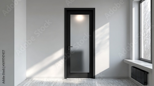 Bright Bathroom with a Black Glass-paneled Door                                                                     