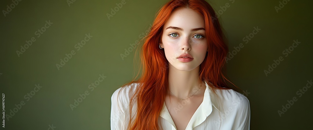 Fototapeta premium Young woman with long red hair poses against a neutral background in soft lighting during an indoor session