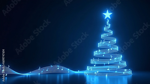 Blue Neon Christmas Tree Formed by Music Notes and Waveform on Dark Background Keywords: Christmas tree, blue, neon, glowing, light, music, musical, notes, waveform, treble clef, spiral, festive