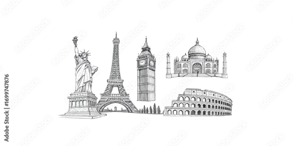 Obraz premium Print Architectural Landmark Line Drawings – clean line art sketches of famous monuments like Eiffel Tower, Taj Mahal, Statue of Liberty, Big Ben, Colosseum, perfect for travel posters