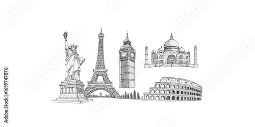 Print  Architectural Landmark Line Drawings – clean line art sketches of famous monuments like Eiffel Tower, Taj Mahal, Statue of Liberty, Big Ben, Colosseum, perfect for travel posters