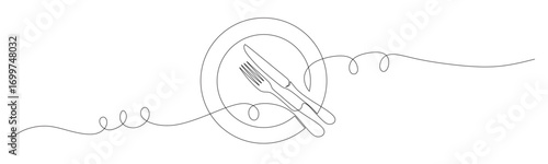 Continuous line art of cutlery consisting of plates, forks, and knives. Vector illustration