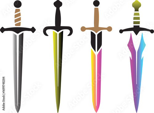 Four distinct fantasy swords with unique blade designs and hilts