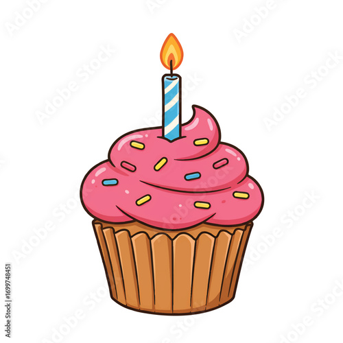 Cartoon illustration of a cupcake with pink frosting, sprinkles, and a lit candle on top.