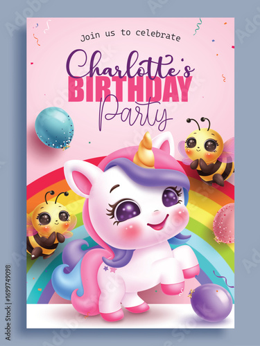 Birthday invitation card clipart poster template. Cute Unicorn and bee character for kids girl invitation card template clip art in pink rainbow background birthday party magical theme design vector 