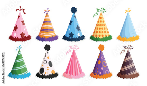 Party hat elements clipart set. Birthday colorful party hat drawing clip art cone collection with pattern design for birthday, carnival and Christmas decoration element vector illustration.
