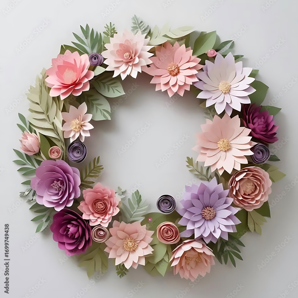 A beautiful circular paper flower wreath in pastel colors A beautiful circular paper flower wreath in pastel colors