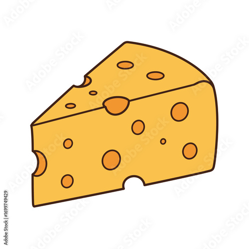 Cartoon Cheese Wedge with Holes and Brown Outline Isolated.
