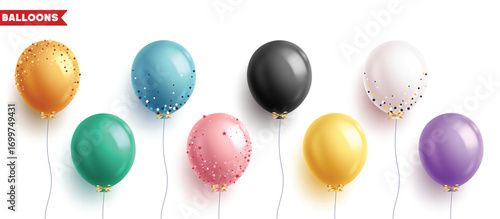 Balloons colorful clipart set. Birthday floating 3d balloon clip art with glitters, glossy and shiny design collection for birthday party, wedding and anniversary decoration elements vector 