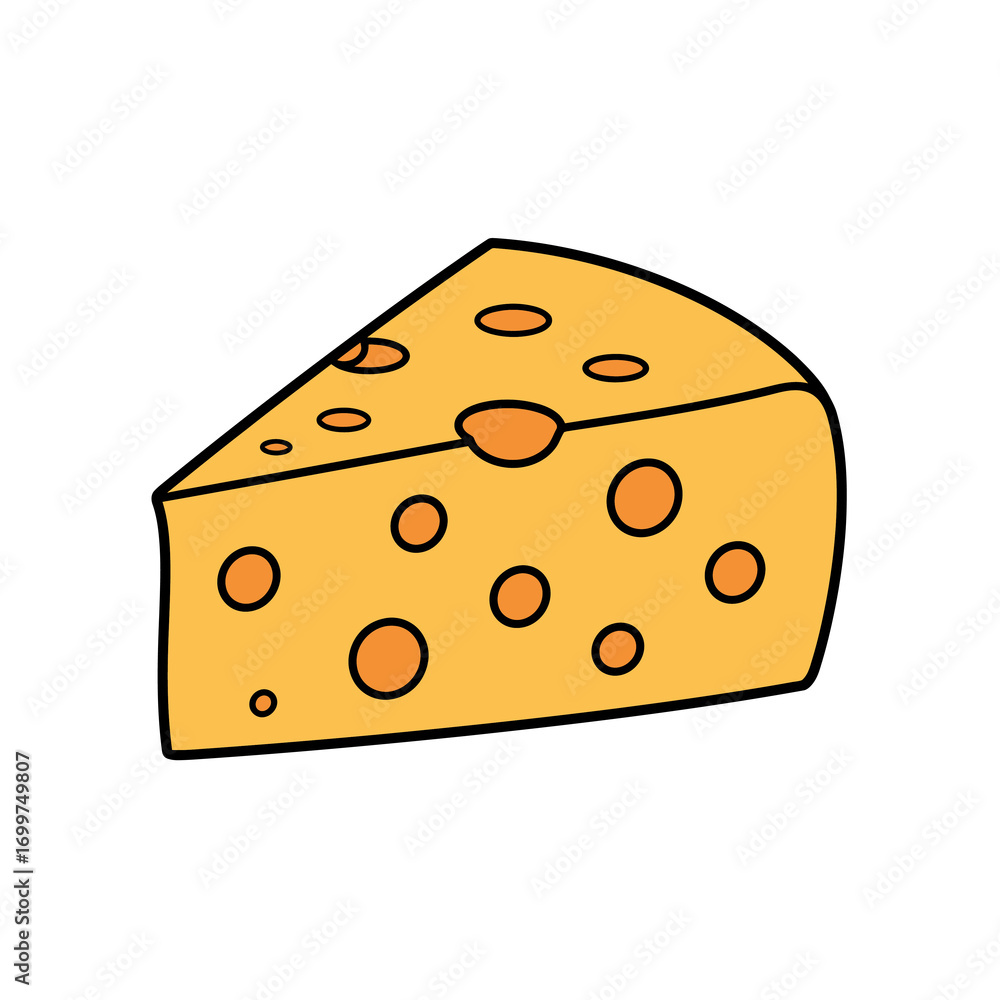 Fototapeta premium Cartoon Cheese Wedge with Orange Holes and Black Outline Illustration.